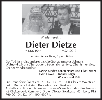 Traueranzeige von Dieter Dietze von Pegnitz-Zeitung